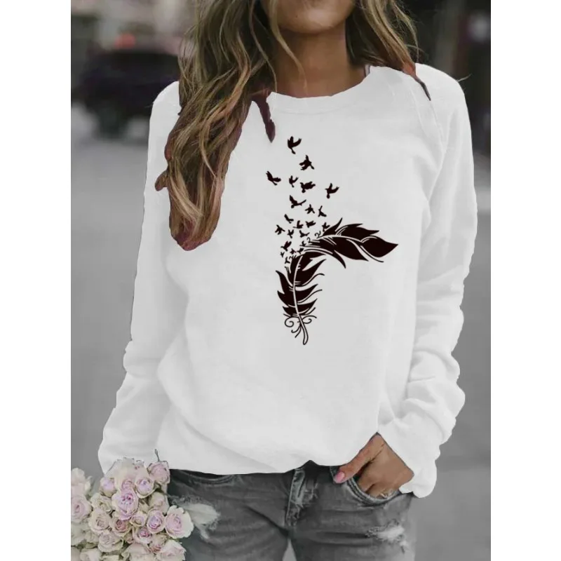 Women\'s Printed Feather Crew-neck Hoodie Streetwear Women  Aesthetic  Sweatshirts  Sweatshirt  Women Clothing