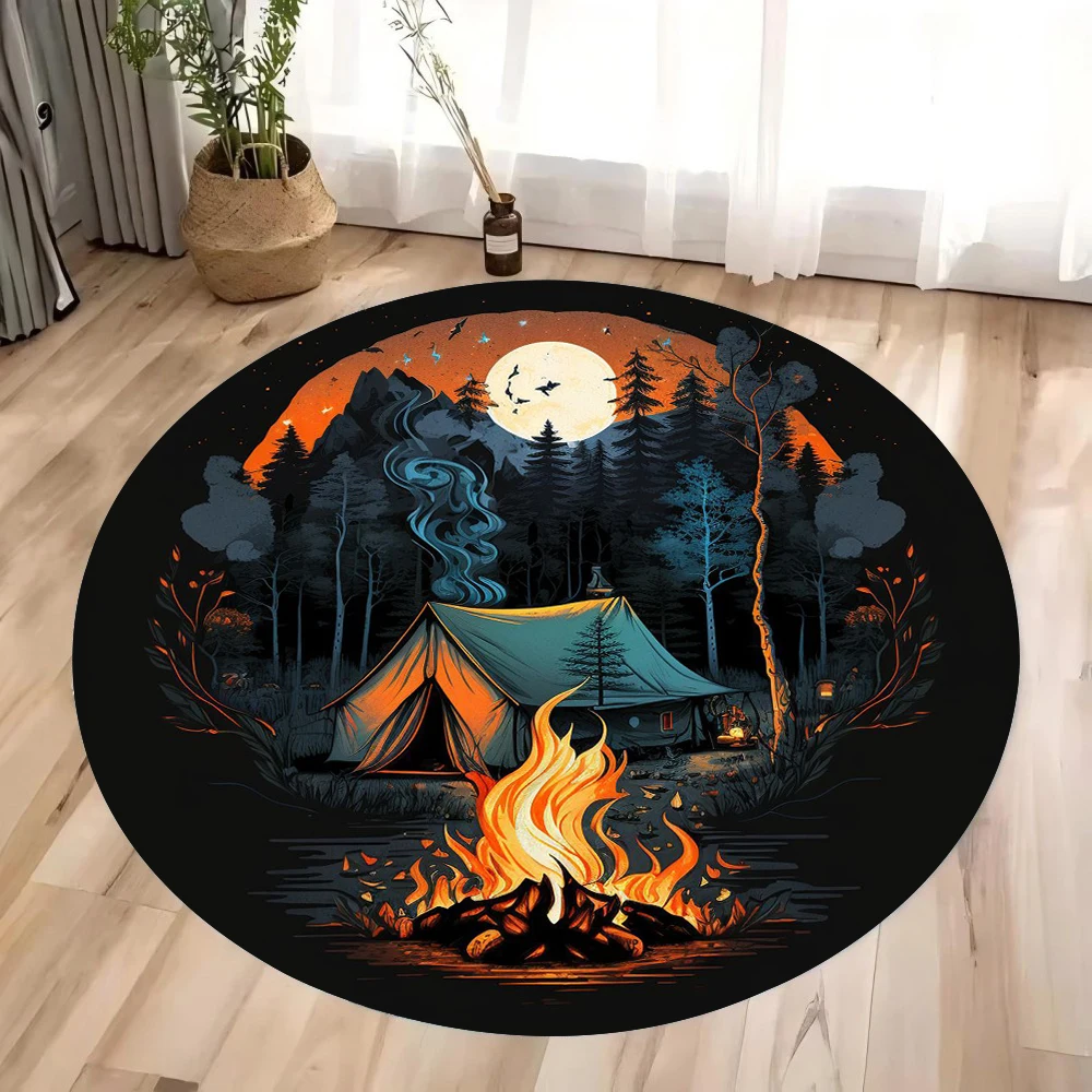 Retro Evening Landscape Round Rug – Waves Print Anti-Slip Floor Mat for Living Room Bedroom Sofa Area