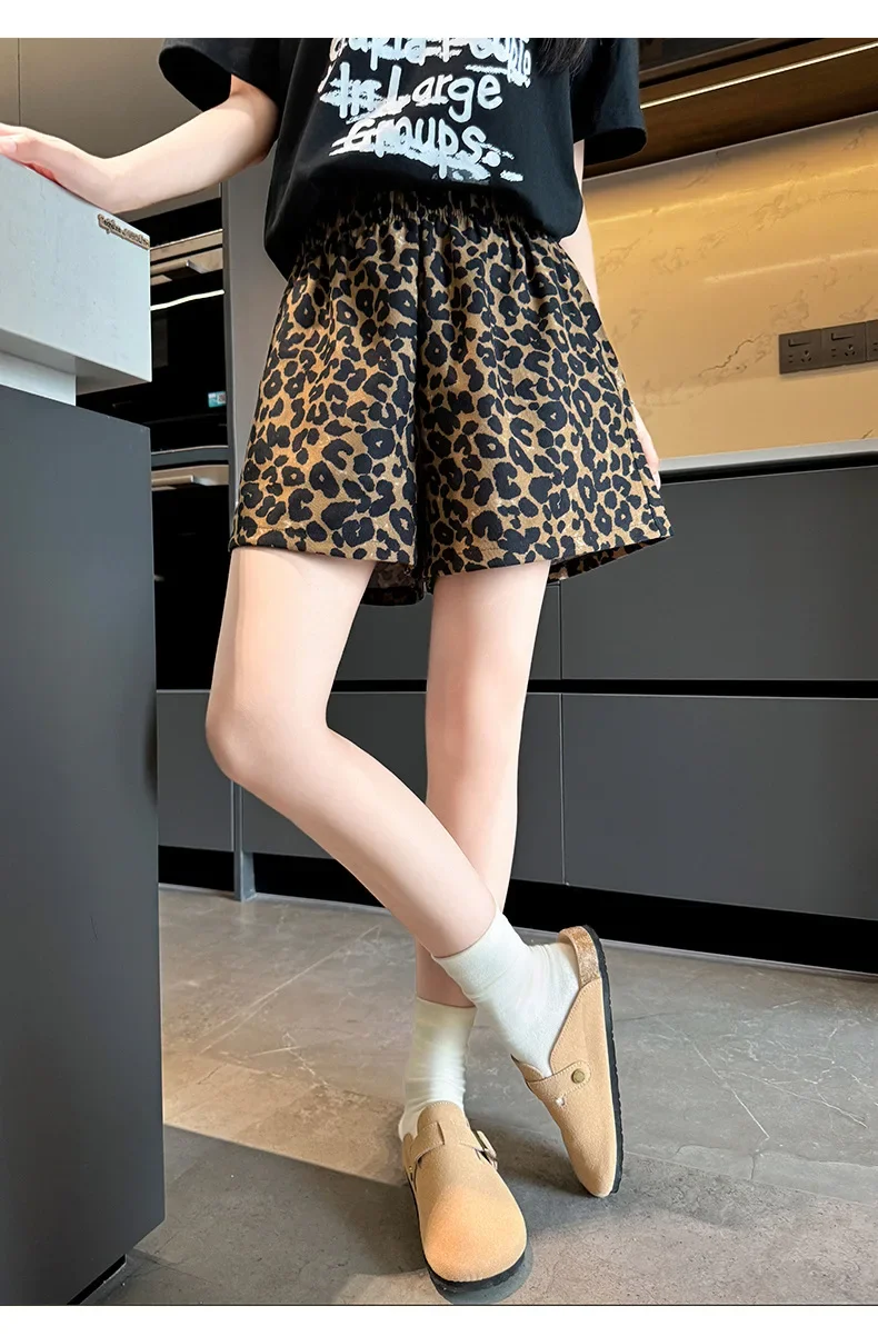 Sommer-Damen-Shorts, lässig, locker, dekorativ, mit Schnürung, elastischer Bund, Leopardenmuster, Shorts mit hoher Taille und geradem Bein