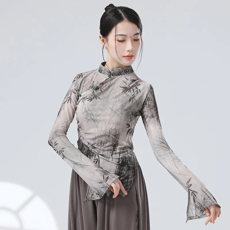 

Customized New Chinese Classical Modern Dance Ink Painting Mesh Improvement Cheongsam Trumpet Sleeve Dance Practice Dress Ballet