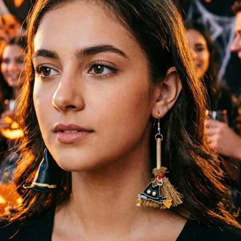 Hook Closure Halloween Dangle Earrings Different Shapes Metal Findings Asymmetric Witch Hat Earrings Unique Texture