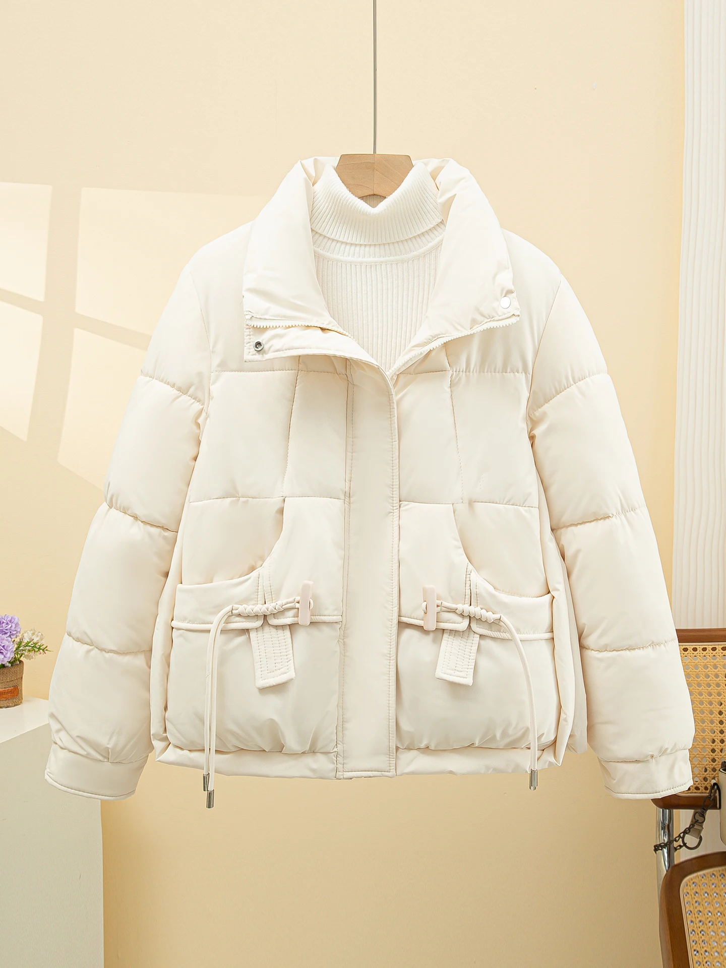 Jaqueta de Inverno de Algodão para Mulheres, Versão Coreana 2025, Ajuste Solto, Casaco com Gola Alta para Mulheres