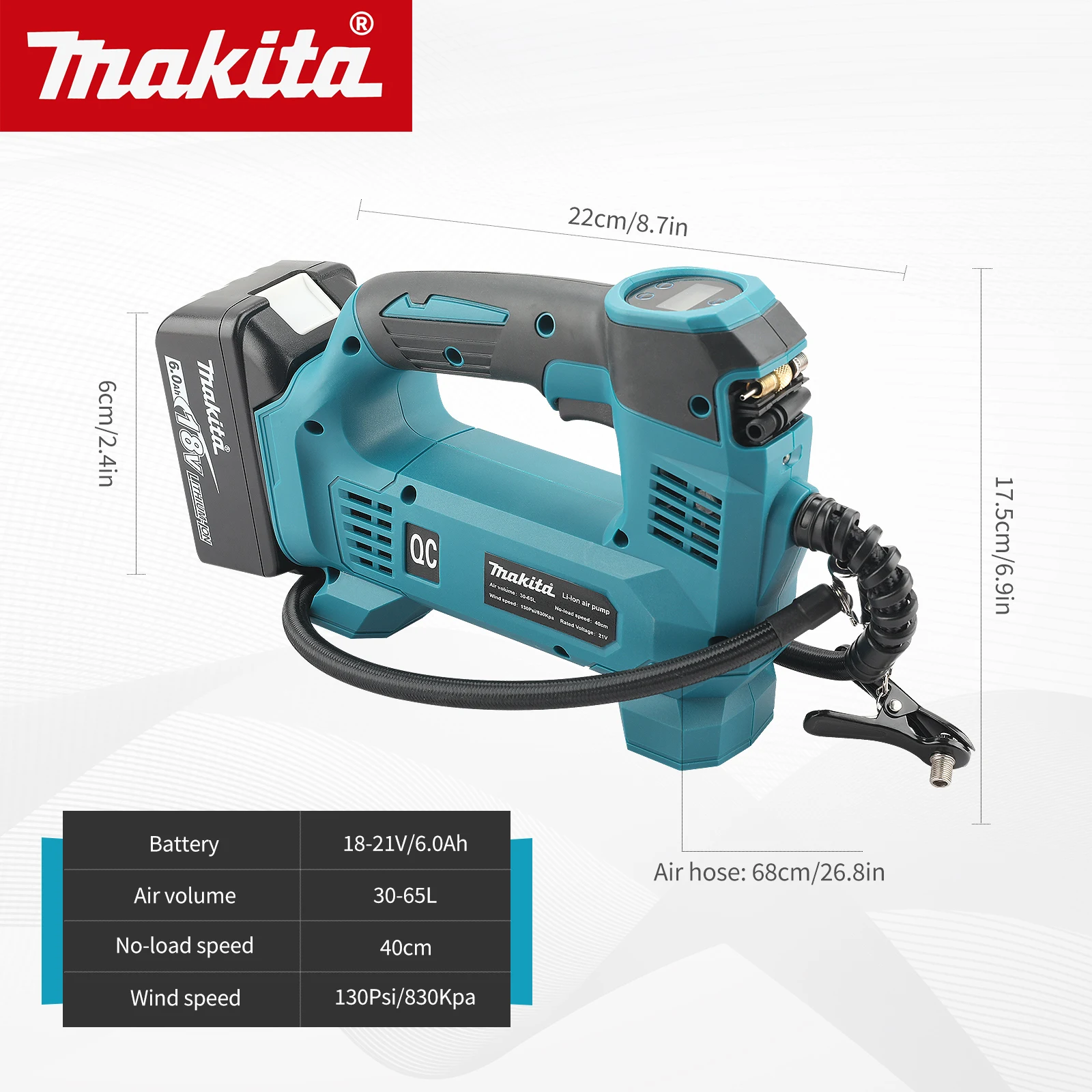 

Makita 18VWireless Inflation Pump 30-65L Air Volume 40CM Speed 130Psi Pressure Digital Display for Car Bicycle Outdoor Inflation