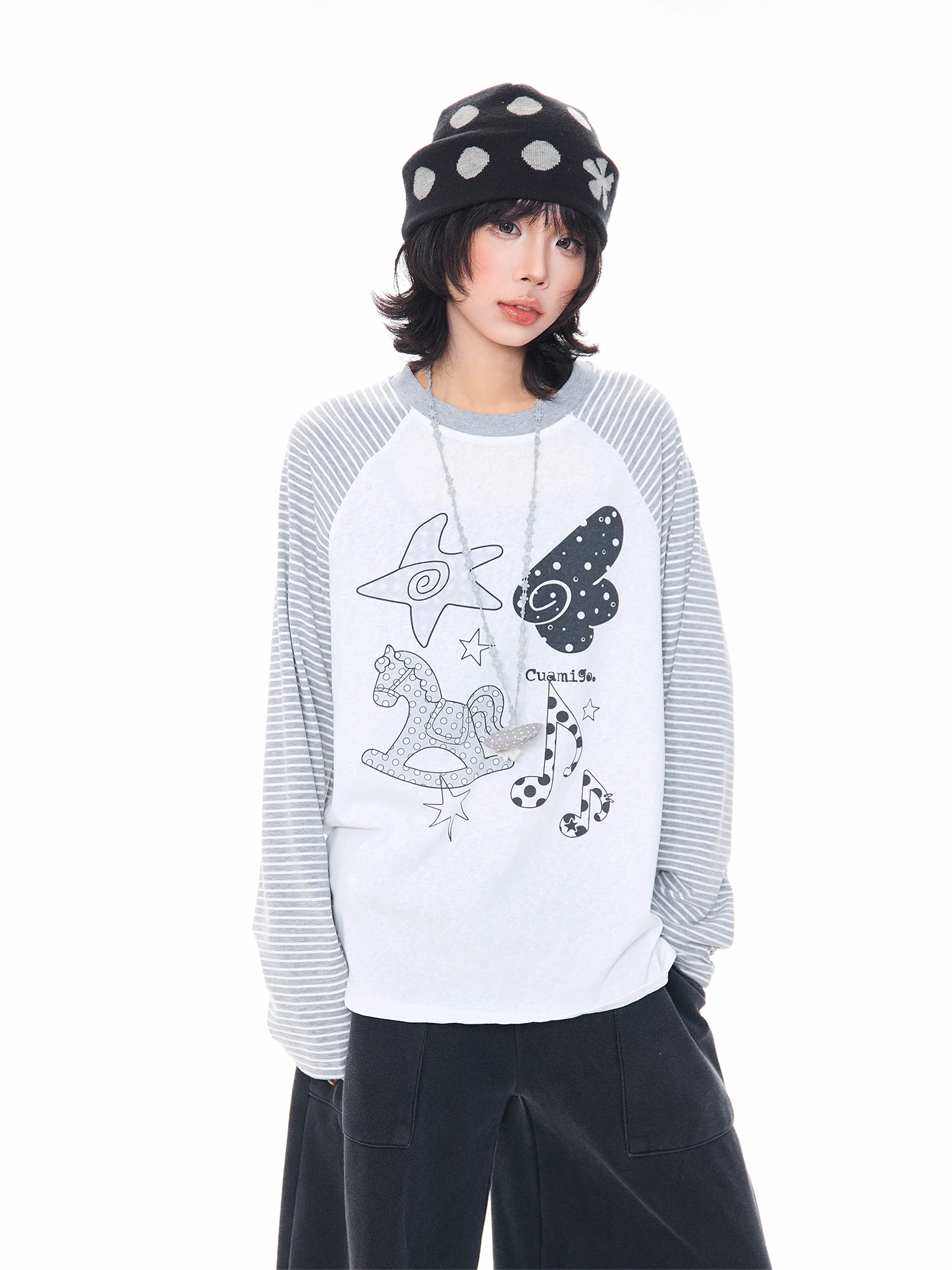 

Long Sleeve T-Shirt Women's Casual Shoulder Insert Cartoon Stripes Splicing Loose Base Shirt Spring Season Print Comfortable