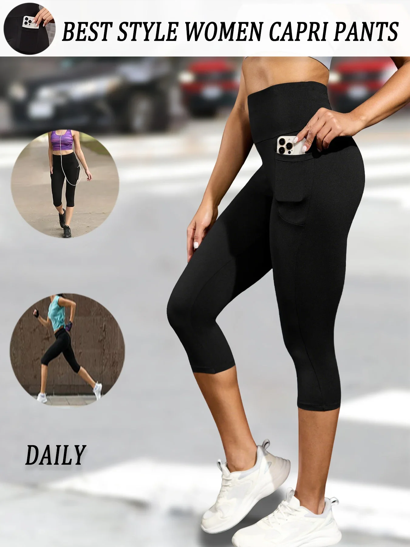 กางเกงคาปรีเอวสูงสำหรับผู้หญิง มีกระเป๋า กระชับหน้าท้อง ไม่บาง ซึมซับเหงื่อ เหมาะสำหรับออกกำลังกาย วิ่ง โยคะ เล่นกีฬา ยกกระชับ  ใส่เล่นกีฬาในยิม