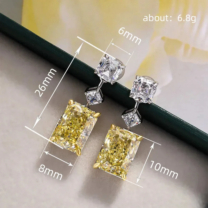 Simple Female Earrings 925 Sterling Silver Yellow Zircon Square Earrings for Women Long Tassel Ear Fashion Shiny Jewelry