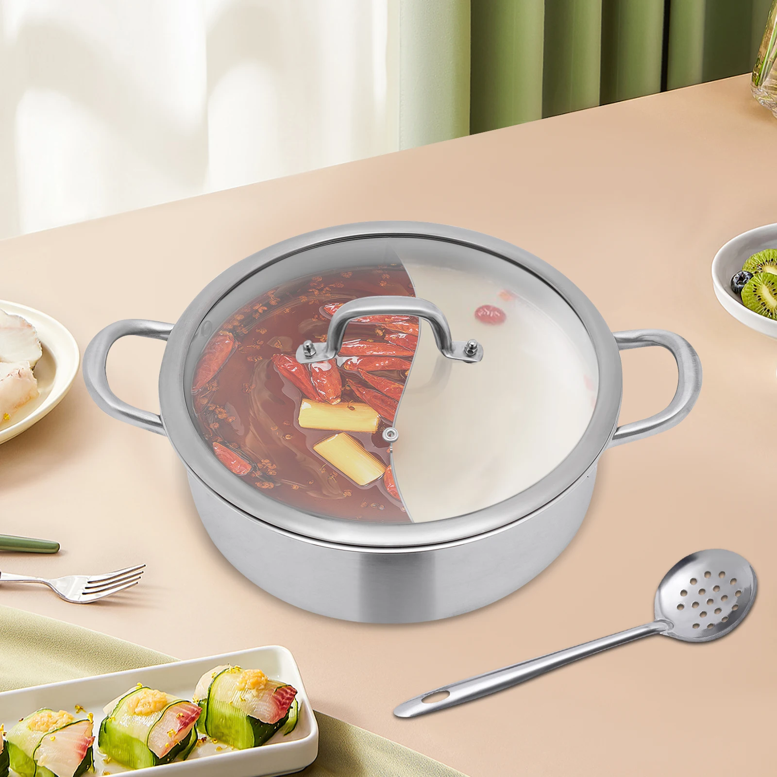 32cm 304 Stainless Steel Hot Pot with Divider Glass Lid Spoon/ Leaky Spoon for Kitchens in hotels, Restaurants, Homes, etc.