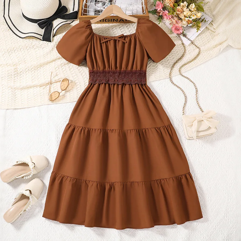 

Kids Girls Lace Bow Dress Princess Cute A-line Dresses Coffee Blue Children Summer Square Neck Dresses European Amercian Style