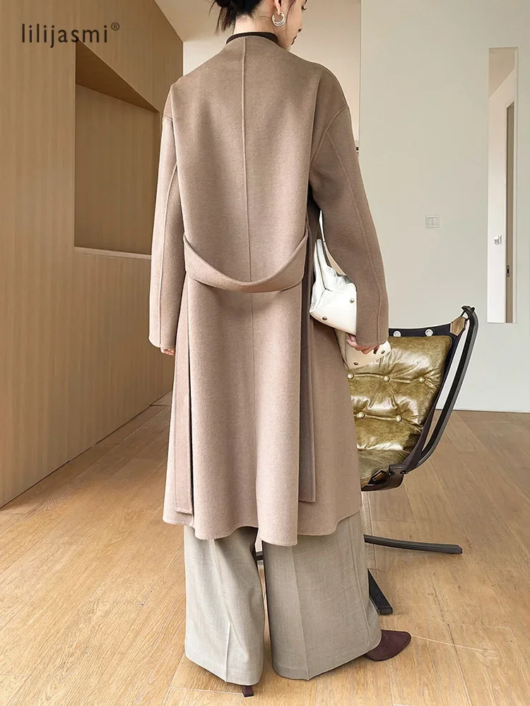 Dual Purpose Collar Wool Coat Horn Button Women 100% Wool Overcoat Double-Layers Autumn Winter Long Jacket Thick Trench Coat #23