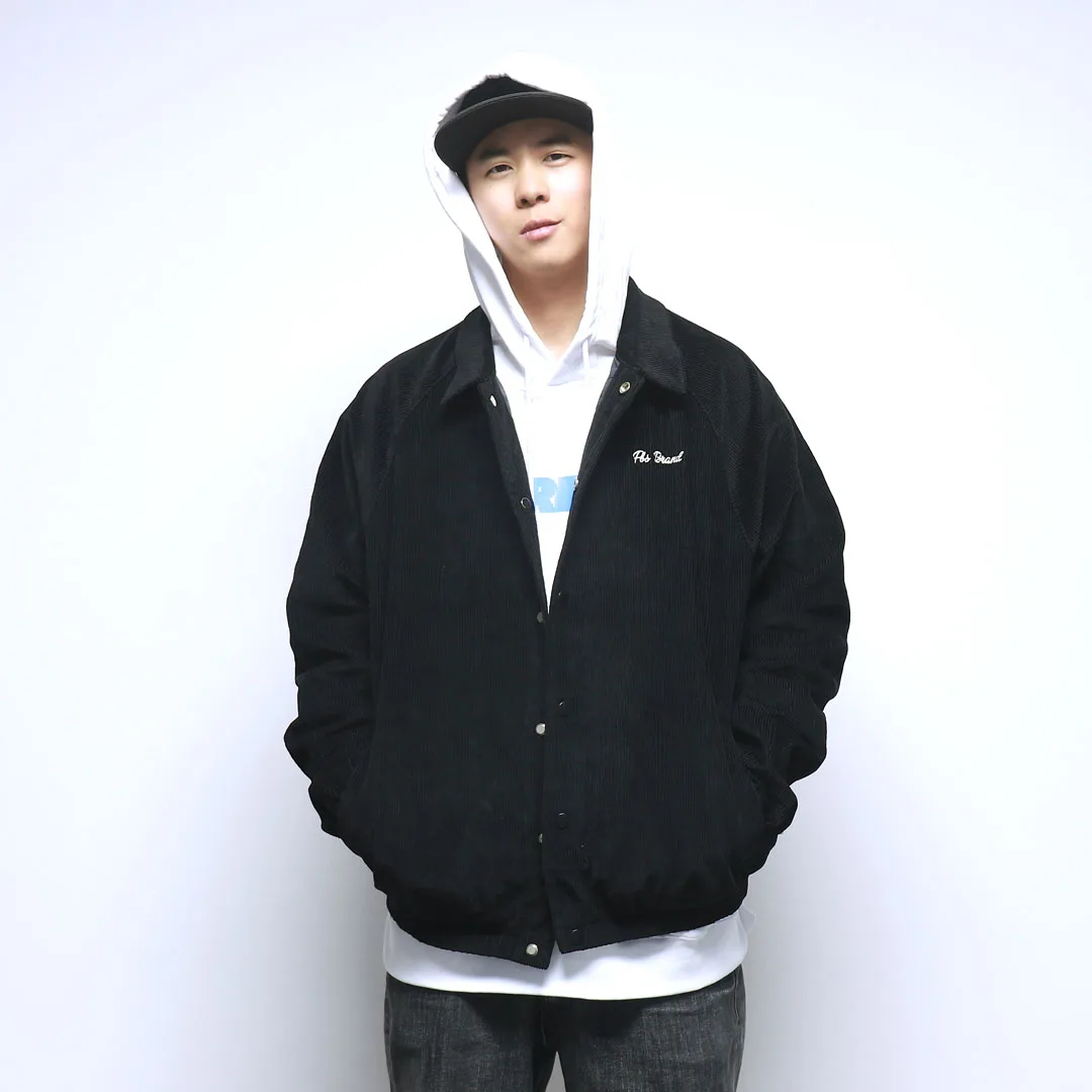 

FBS 22AW Men's Cotton Corduroy Jaet with Embroidery Bboy Street Dance Hip Hop Turn-down Collar Workwear Outerwear Coat