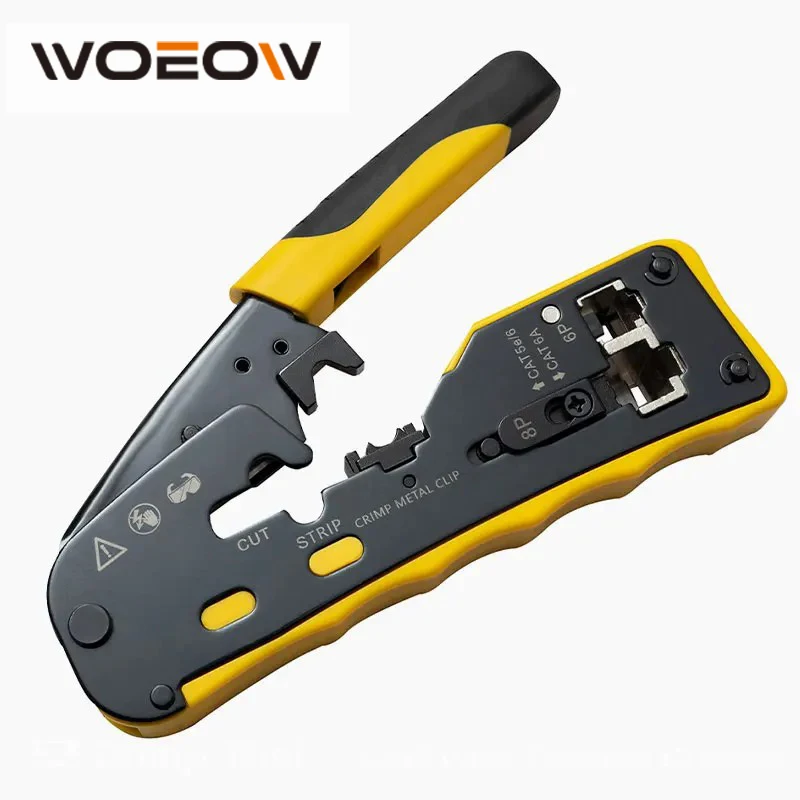 WoeoW Tools Ratcheting Modular Data Cable Crimper /Wire Stripper /Wire Cutter for CAT5e CAT6 CAT6A/7, RJ45 Pass-Thru Connector