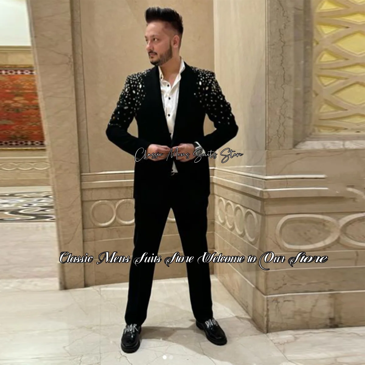 Luxury Black Crystals Men Suits Formal Groom Party Wedding Tuxedos 2 Pieces Sets Male Blazer Slim Fit traje de hombre elegante