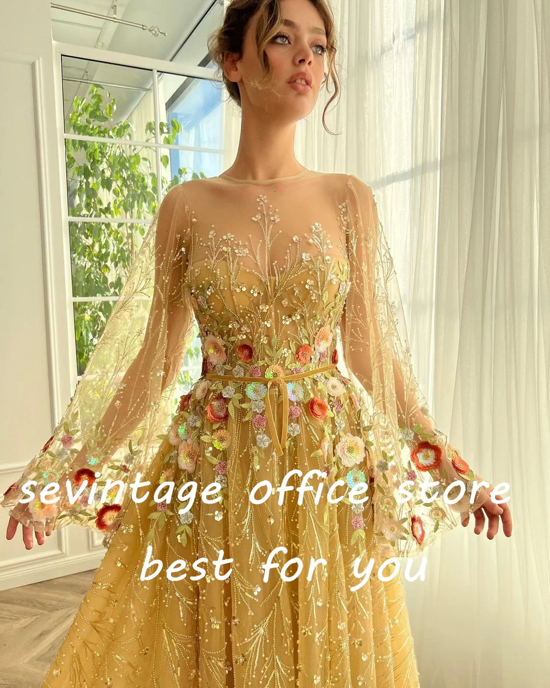 Sevintage-Vestidos de Fiesta de tul con lentejuelas 3D, flores florales, brillantes, cuentas de cristal, mangas largas, línea A, vestidos de noche, vestido de fiesta