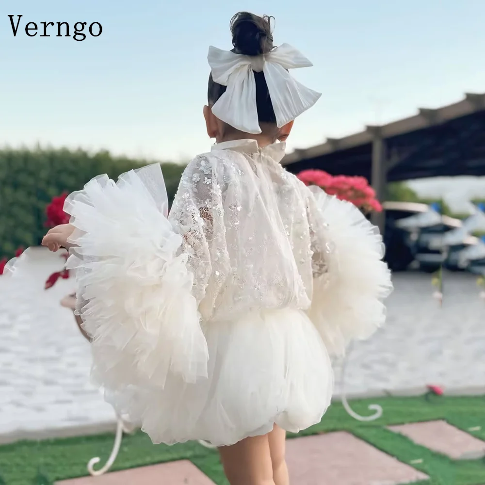 

Verngo lvory Tulle Mini Girl Flower Dress A Line Puff Sleeves Tiered Prom Gowns Shiny Sequined Party Gowns Customized