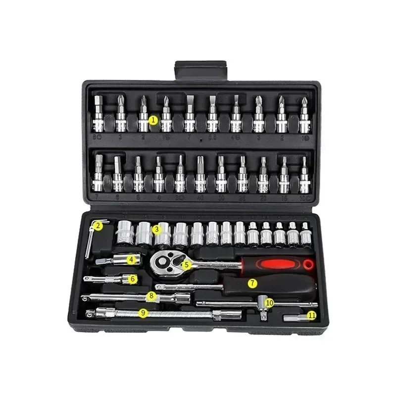 46/53pcs Drive Socket Set 1/4 inch Ratchet Wrench Set with Sockets Metric Hex Bit Socket Set Mechanic Tool Kits for Auto Repair