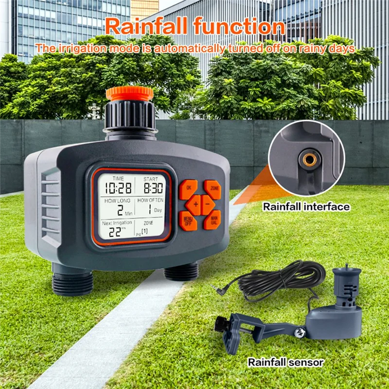 2-Way Water Timer LCD Display Timer Waterproof IP65 Home Garden Irrigation Rainfall Timer Automatic Controller System-AB52