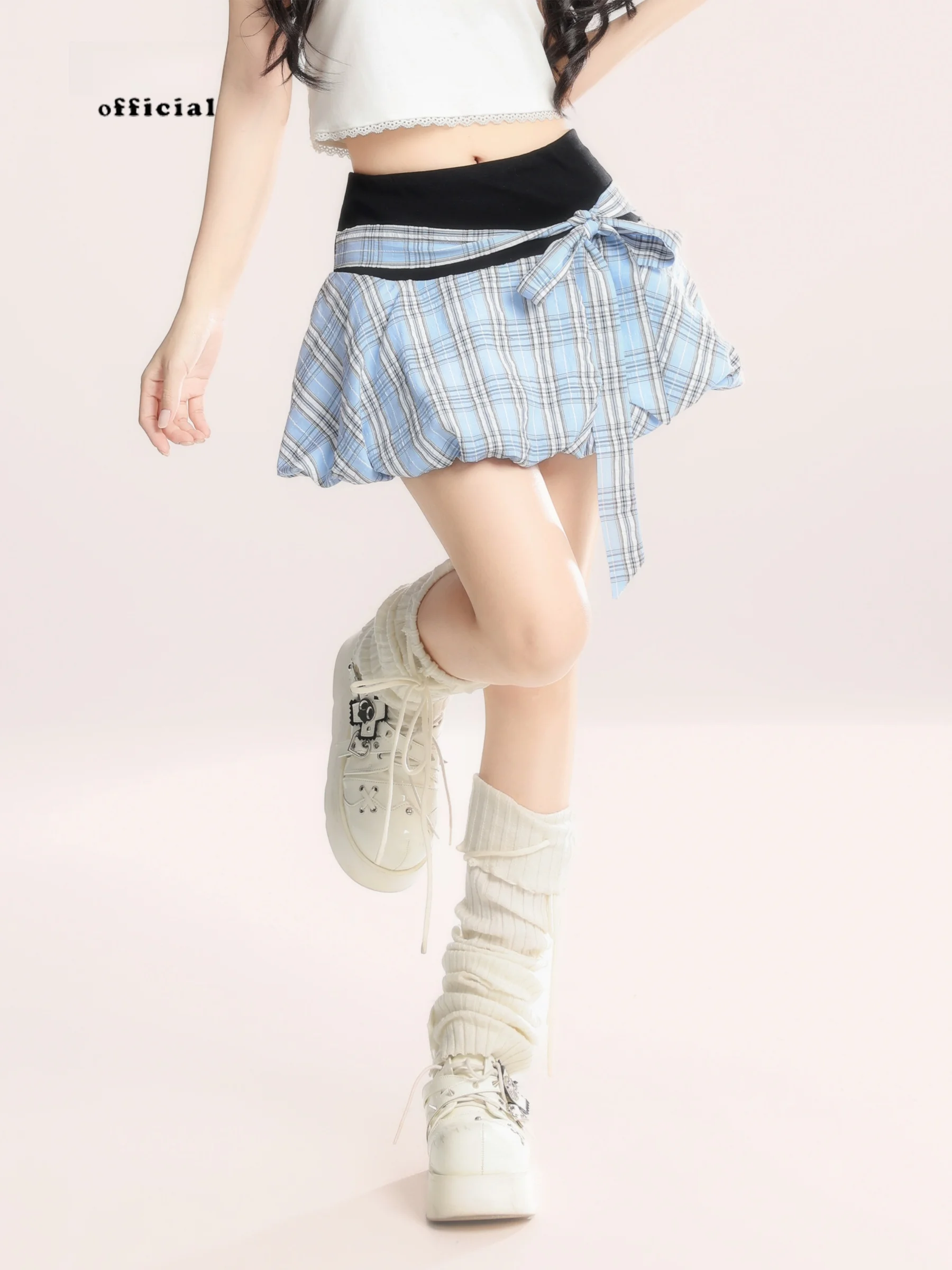 

Американская клетчатая юбка А-силуэта с бантом, утягивающая, с объемным цветочным узором, для женщин, с завышенной талией, из смесового хлопка, на каждый день