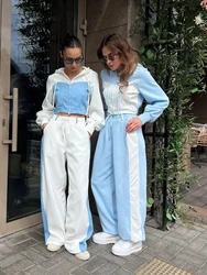 Autumn Color Patchwork Sport 2 Piece Set 2024 New Long Sleeve Zipper Cropped Jacket+Drawstring Sweatpants Casual Fashion Suits