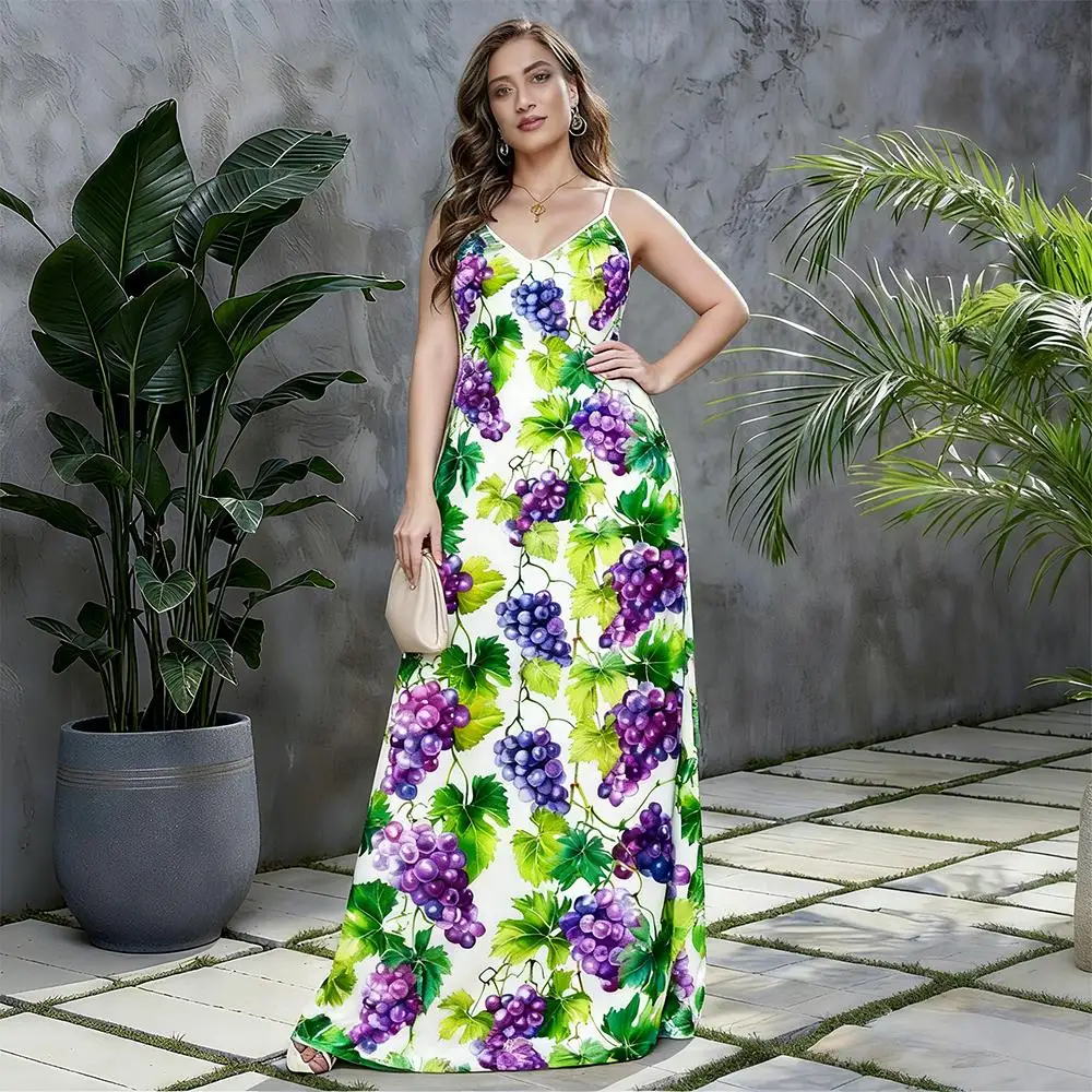المرأة الفاكهة طباعة الخامس الرقبة فستان الحمالات البوهيمي نمط الصيف فستان كاجوال فضفاض وعصري عطلة الشاطئ فستان ماكسي #1