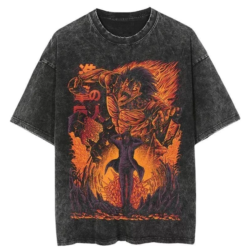 

Attack on Titan Japanese Anime Eren Yeager Men's and Women's T-Shirts Washed and Old Loose Retro Street Trend Short Sleeves