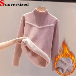 Half Turtleneck Winter Sweater Plush Lined Slim Pullover Winter Thicken Casual Womens Tops Warm Soft Knitted Long Sleeve Jerseys