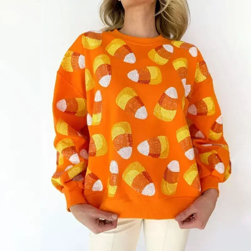 

Candy Corn Print Sweatshirt for Women Fall Crewneck Long Sleeve Pullover Tops