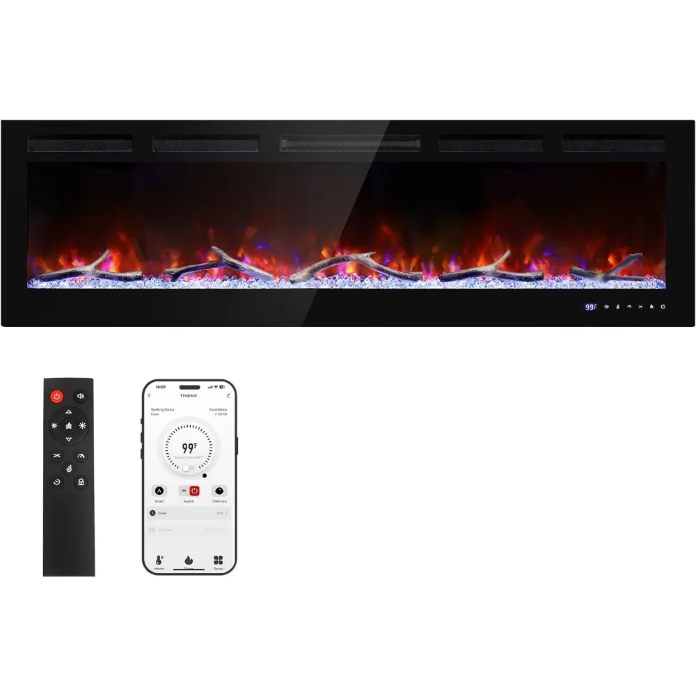 

Smart WiFi Electric Fireplace Heater, Wall Mounted & Recessed Electric Fireplace Insert w/Timer, Child Lock, Crackling Sound