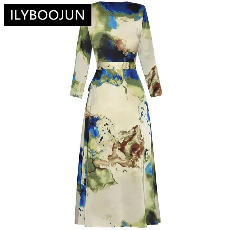 ILYBOOJUN Fashion Designer Women's New V-Neck Long Sleeved Lace-Up Wrap Dress Abstract Printed Elegant Shaggy Vintage MIDI Dress