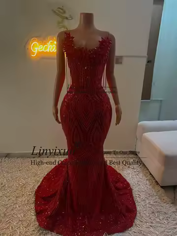 Elegant Long Mermaid Prom Dress Glitter Sequin Diamond Crystals Evening Mixi Gown Customized 3D Floars Wedding Party Dress