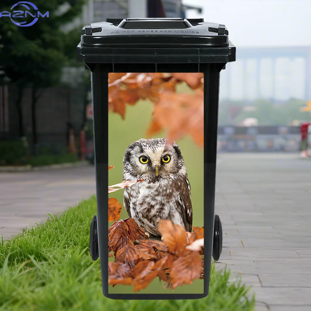 3D Owl Pattern Trash Can Sticker | PVC Material | Self-Adhesive, Glossy Finish | Realistic Autumn Leaves Design | Easy to Appl