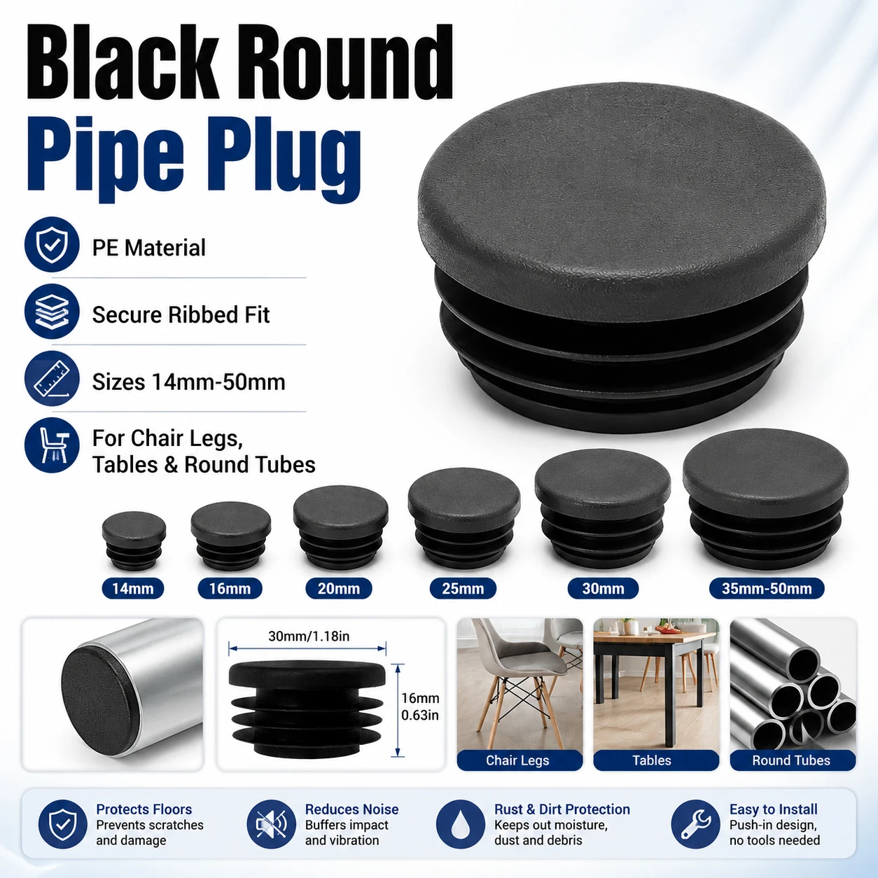 8-40Pcs Black Round Plastic Tube Caps, Furniture Leg Pipe Inserts Bung Plugs, Anti-Scratch Floor Protector Stoppers