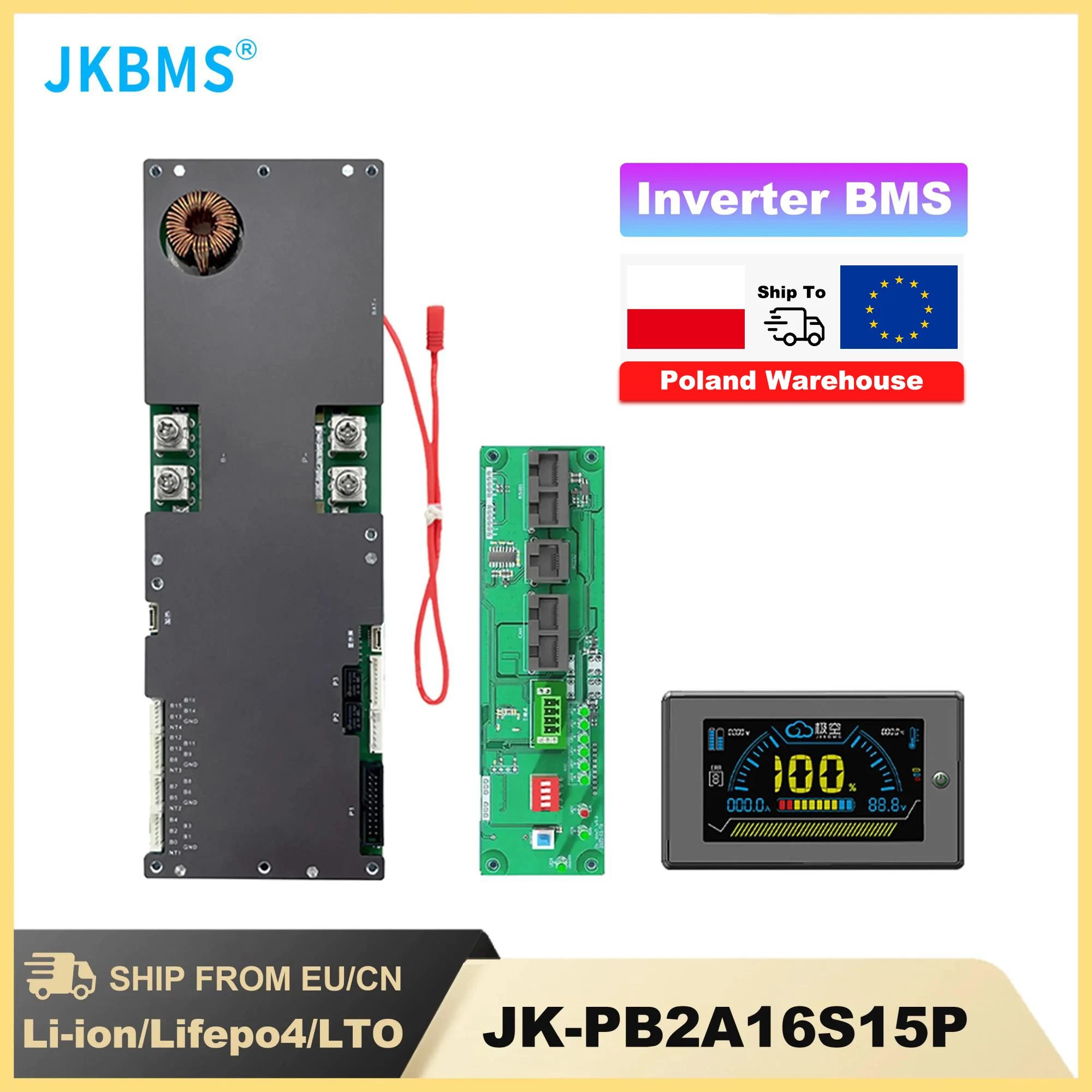 JKBMS PB2A16S15P Inteligentny falownik BMS 150A 8S - 16S 24V 48V Rodzinny magazyn energii Lifepo4 / Li-ion / LTO do falownika Growatt Deye