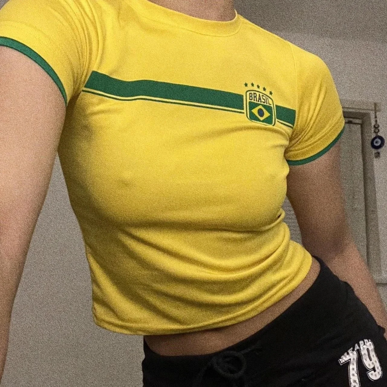 

Летняя женская облегающая короткая футболка с круглым вырезом и короткими рукавами, топ с бразильским узором, одежда для спорта и отдыха