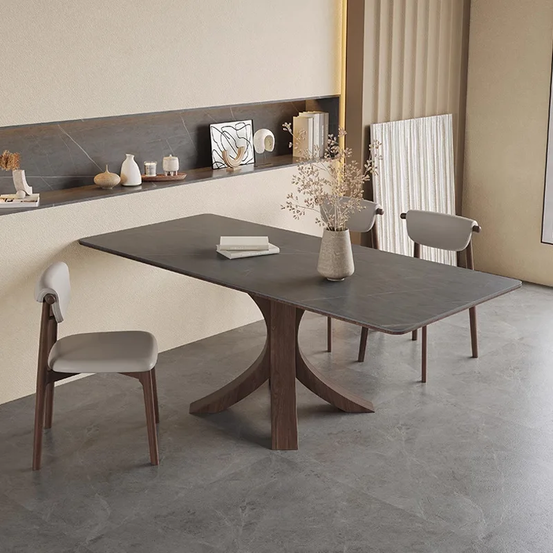 

Nordic solid wood dining table rectangular household walnut color modern simple ash wood plank dining table and chairs