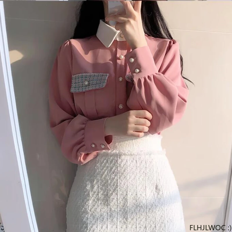 Women 2024 Cute Sweet Tops Pink Korean Japanese Style Design Pockets Long Sleeve Elegant Formal White Button Shirt 3520