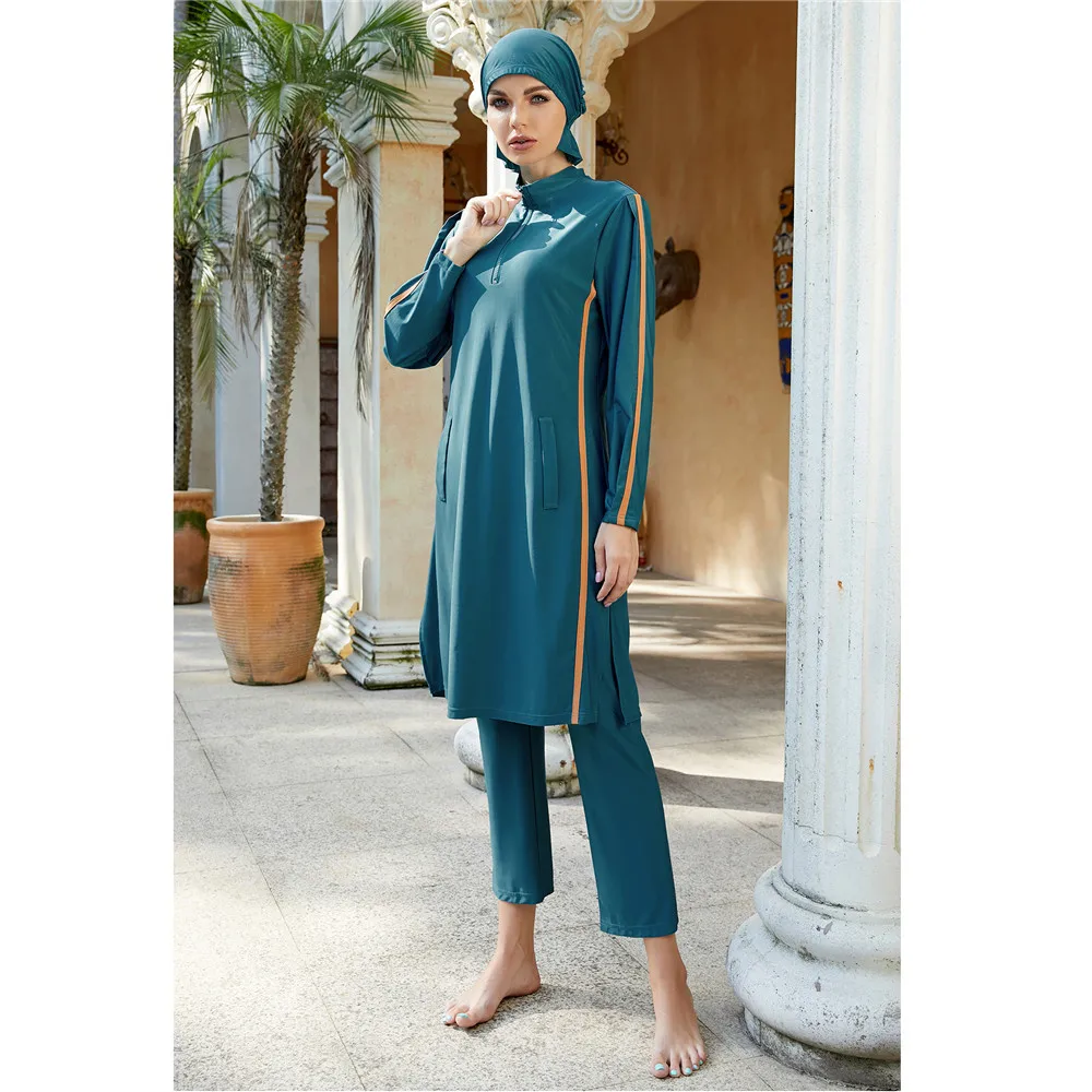 2024 New Long Sleeve Swimsuit Women Modest Swim Wear Burkinis 3 Pieces Set Muslim Swimming Costume Islamic Swimwear Solid Color