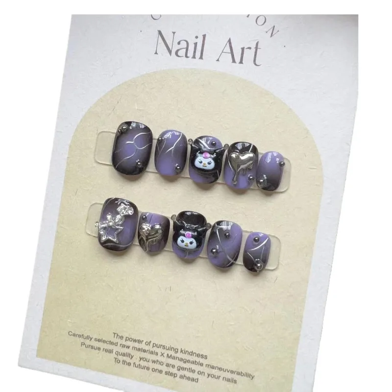 Full Cover False Nails Press on Nails Fake Nails Diy Pure Handmade Removable Diamond Short Purple Dark Cartoon Elf