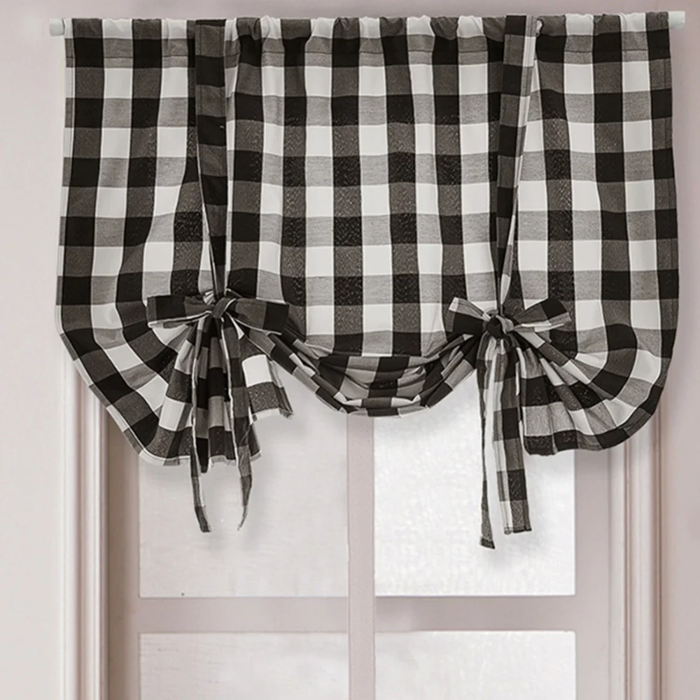 Tie Up Curtain for Kitchen Cafe Adjustable Balloon Lines Checkered Roman Shades for Small Window Rod Pocket Window Covering