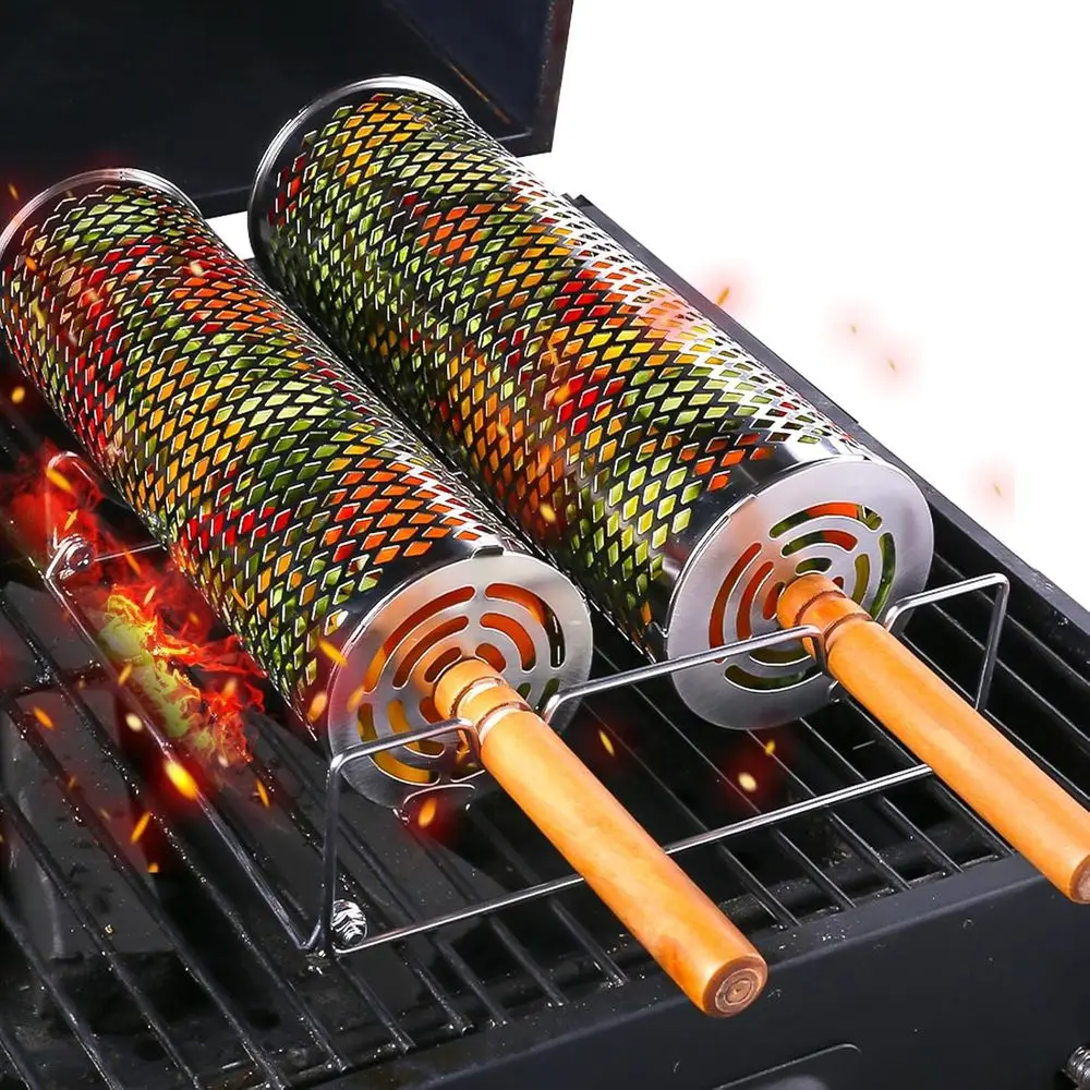 

Set of 2 Stainless Steel Rolling Grill Baskets with Detachable Wooden Handles for BBQ, Vegetables, and Seafood