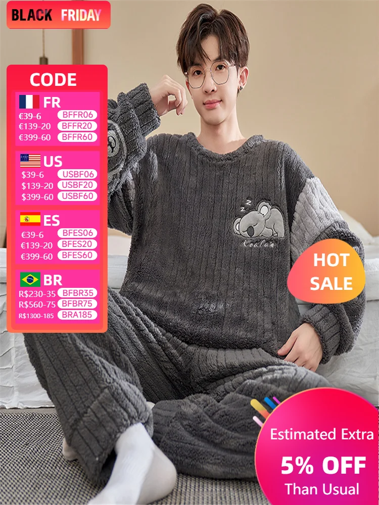 Fashion Winter Man Sleepwear Student Flannel Pajamas Sets Causal Pijamas Boy Coral Fleece Nightwear Pyjamas  Male Flannel Homme