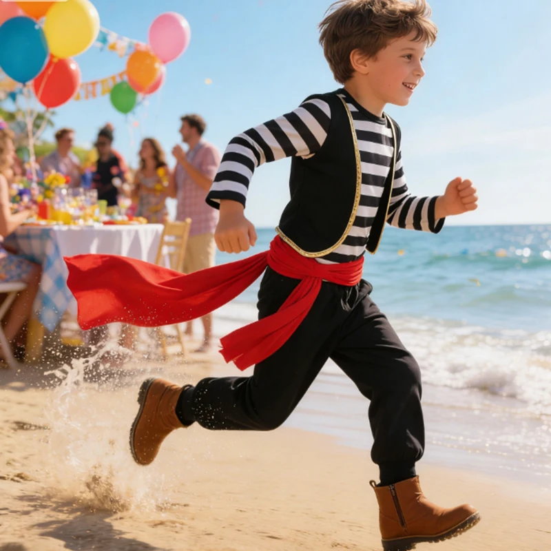 2026 Carnival Costume Boy Captain Sets Pirate Costume For Kids Striped Long Sleeve Top +Pant Suit With Eye Patch Hat Pirate Set