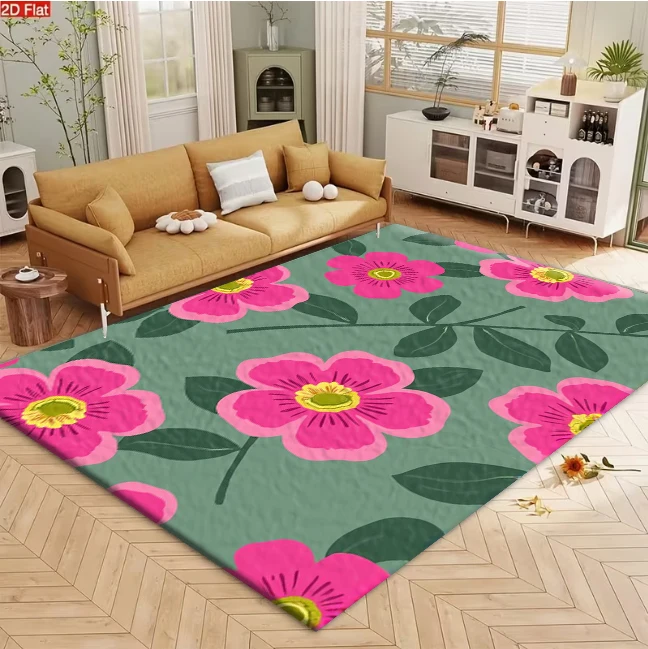 Pink Wildflower Green Background Carpet Flooring, Retro Floral Seamless Non-Slip Floor Rug for Bedroom Living Room Home Decoration
