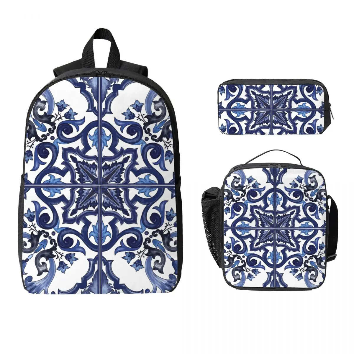 Zaino blu ornato floreale mediterraneo con piastrelle siciliane, borsa per libri, borsa da scuola, borse a tracolla, borsa per il pranzo isolata in 3 pezzi, astuccio