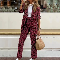 2024 New Leopard Print Two Piece Fashion Long Sleeve Notch Collar Blazer Tops and Straight Pants Set Women Slim Autumn Winter Suit