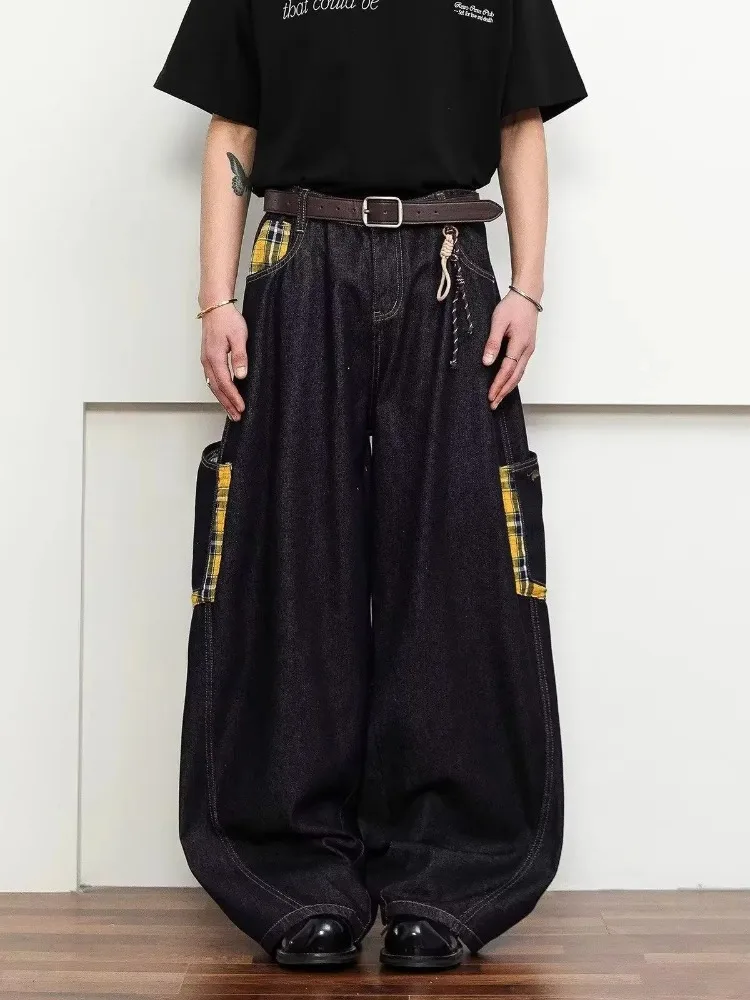 Damskie ciemnoniebieskie szerokie jeansy Y2k z zakrzywionymi nogawkami, spodnie jeansowe w stylu vintage z lat 2000, z wysokim stanem, ubrania w stylu trash.