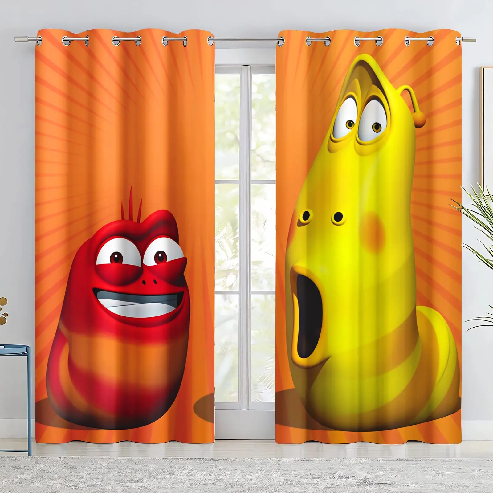 Anime Larva Red Yellow Bug Print Curtain Full Blackout Noise Reducing Window Drape For Children Living Room Home Decor