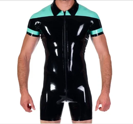 100% Latex Rubber Blau&Schwarz Catsuit Fitnesskleidung Suit Zipper 0.45MM XS-XXL