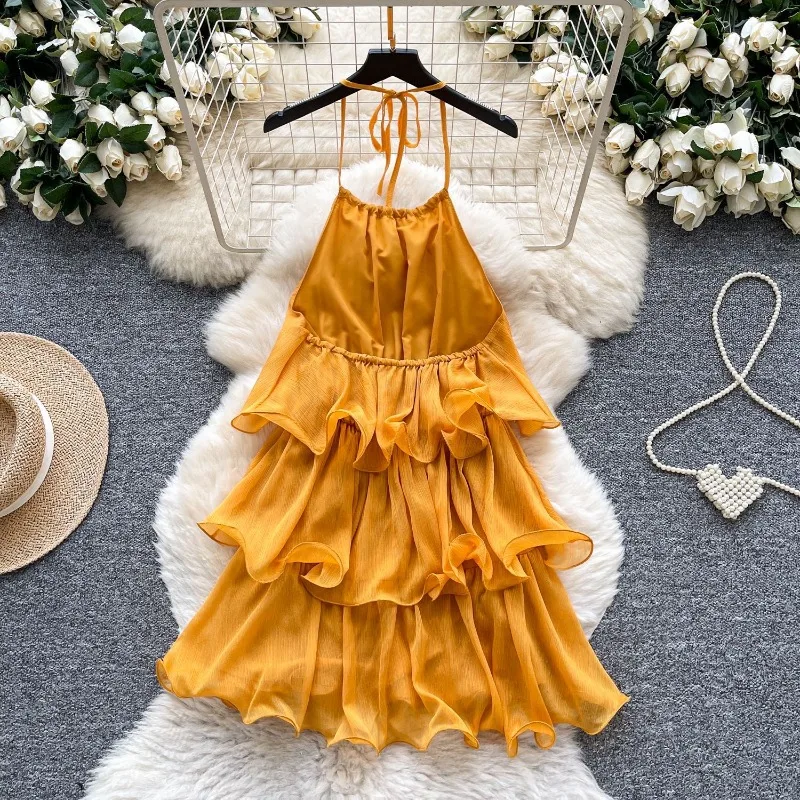 Cascading Ruffles Mini Cake Dress Women Fashion Sexy Lace Up Halter Backless A-line Birthday Party Clubwear Holiday Outfits - Image 3