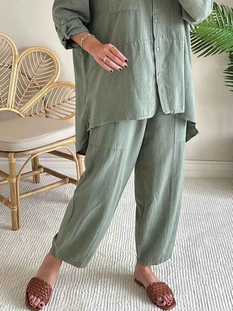 2024 Summer Fashion New Women\'s Elegant Cotton Hemp Collar Single Breasted Loose Commuter Wide Leg Pants Two Piece Set