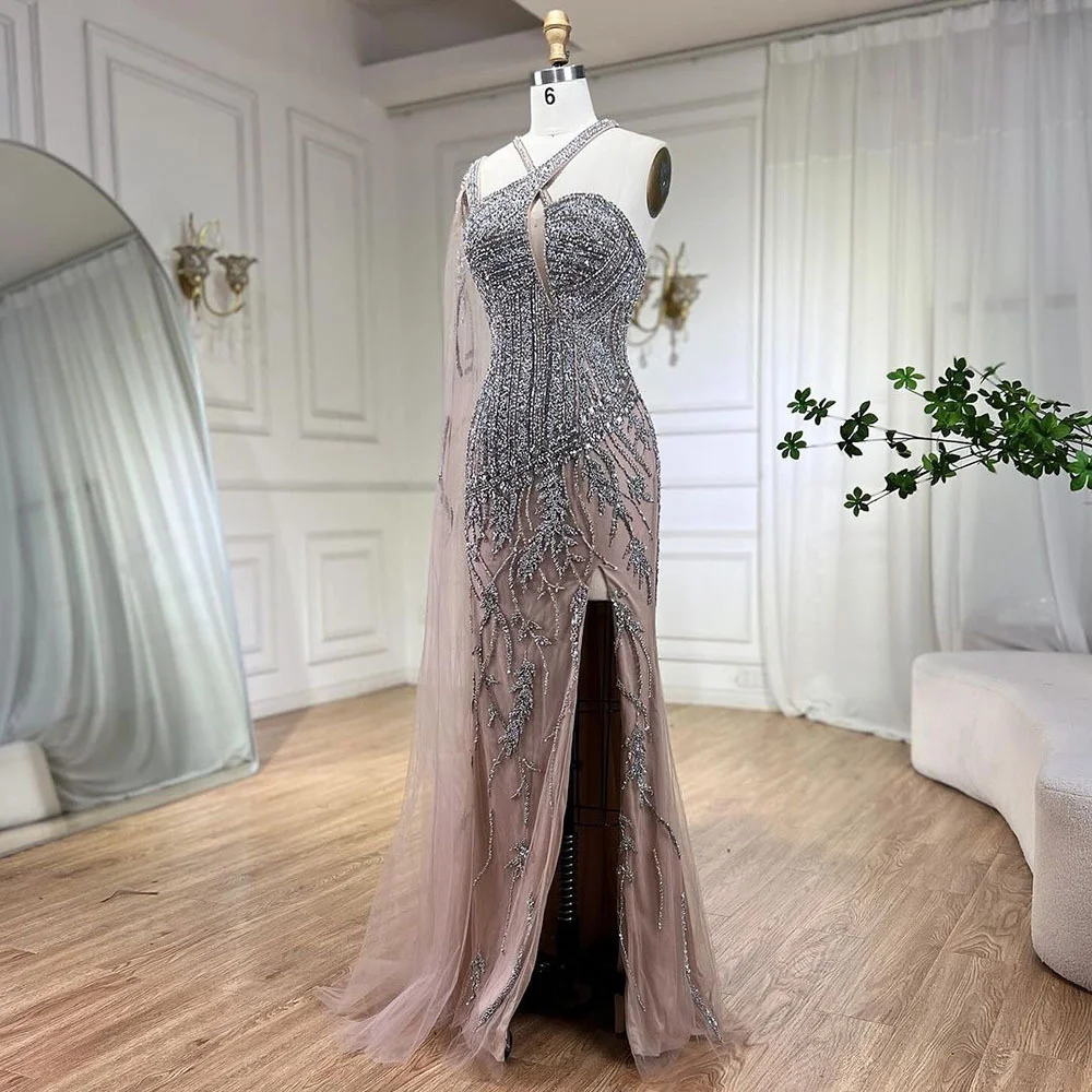 One Shoulder Long Evening Dress, Side Slit, Beaded, Rhinestones Embellishments, Sheath Party Gown For Formal Occasions